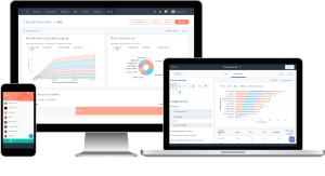 Desktop and mobile devices showing the HubSpot dashboard.